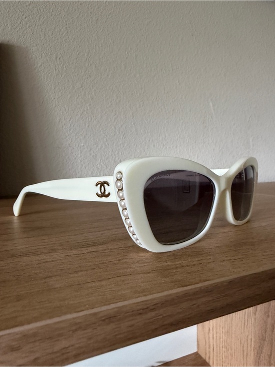 CHANEL Accessories - CHANEL White Cat-Eye Sunglasses with Pearl Accents and Gold Logo